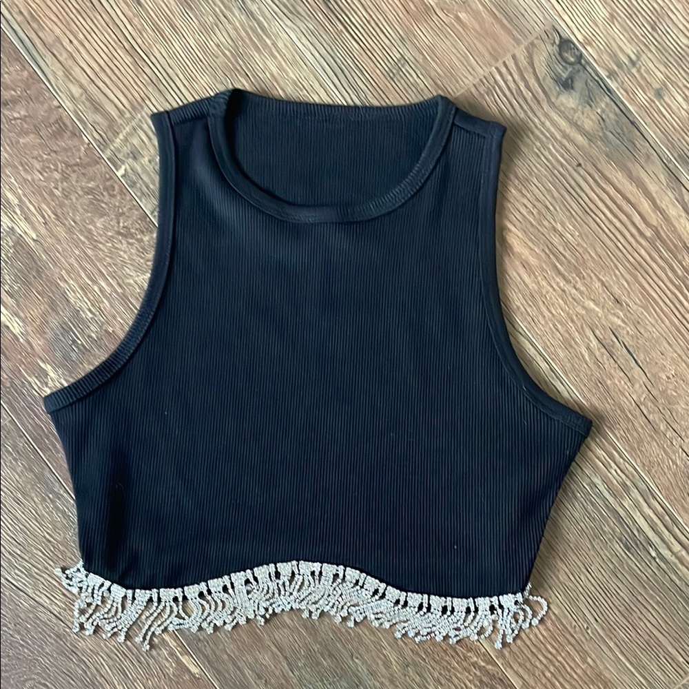 Black Sleeveless Crop Top with Fringe